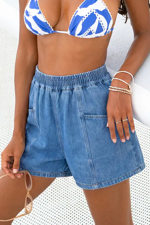 Short denim taille élastique jambe large