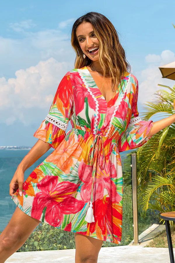 Robe courte florale col V manches mi-longues