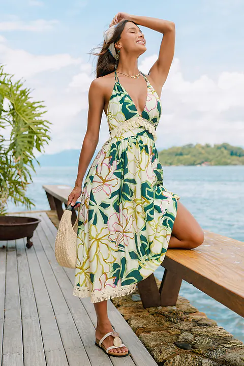 Robe longue florale à col plongeant sans manches