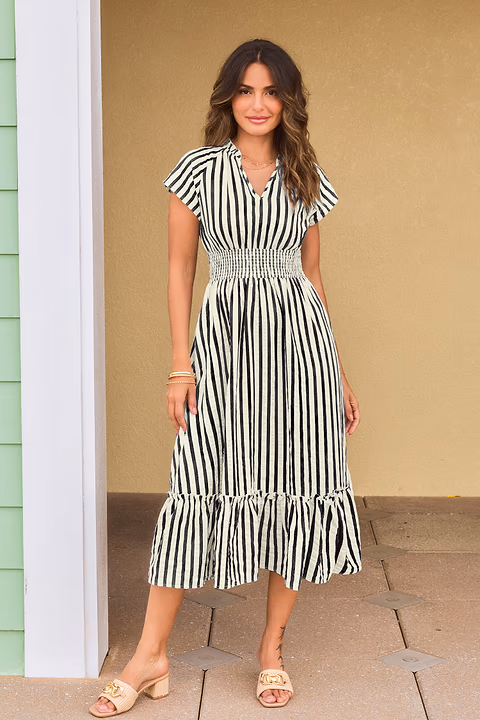 Robe midi noire à rayures aux teintes coucher de soleil