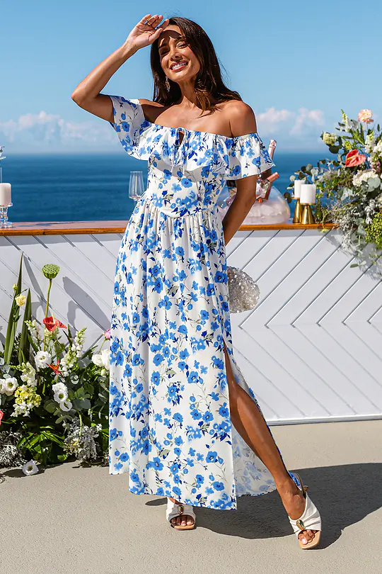 Robe longue florale tissée col droit