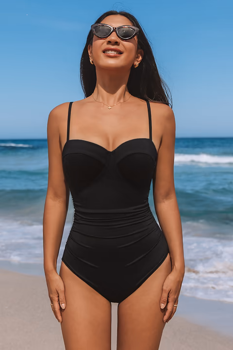 Maillot de bain une pièce noir gainant col cœur – vue 1