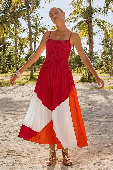 Robe longue bloccs de couleur col carré
