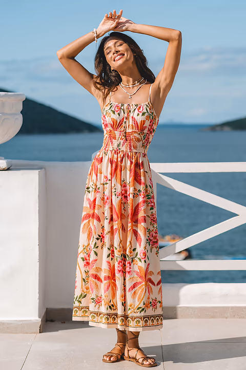Robe maxi tropicale dos smocké