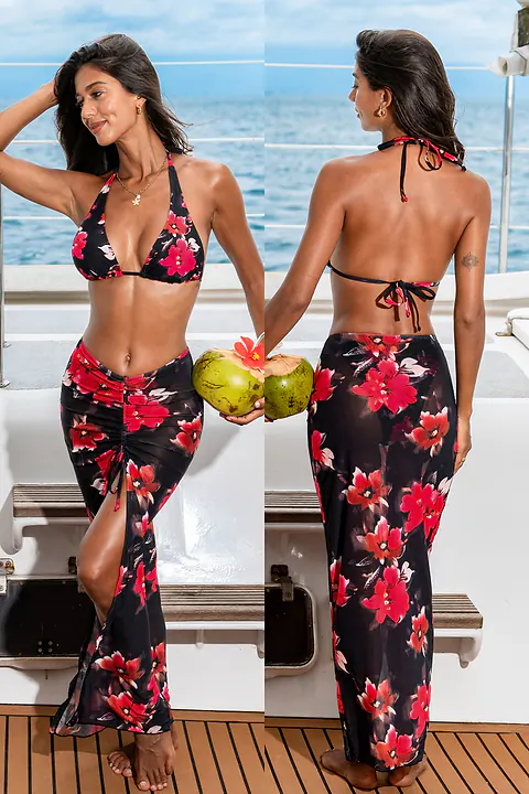Bikini trois pièces floral bretelles licou avec paréo