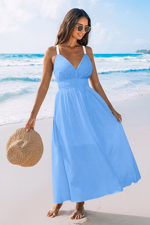 Robe longue bleue col V tissée sans manches