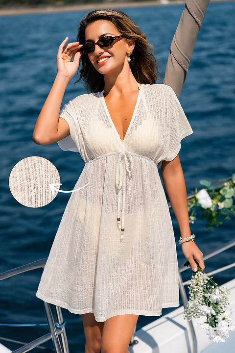 Robe cover up courte col plongeant manches courtes