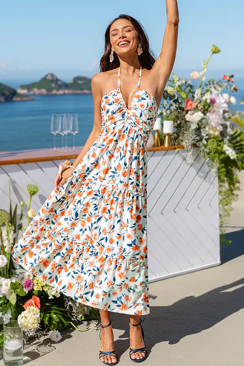 Robe longue tissée fleurie col plongeant