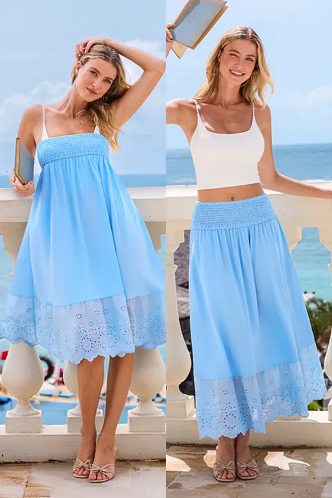 Jupe longue bleue ruchée taille smockée